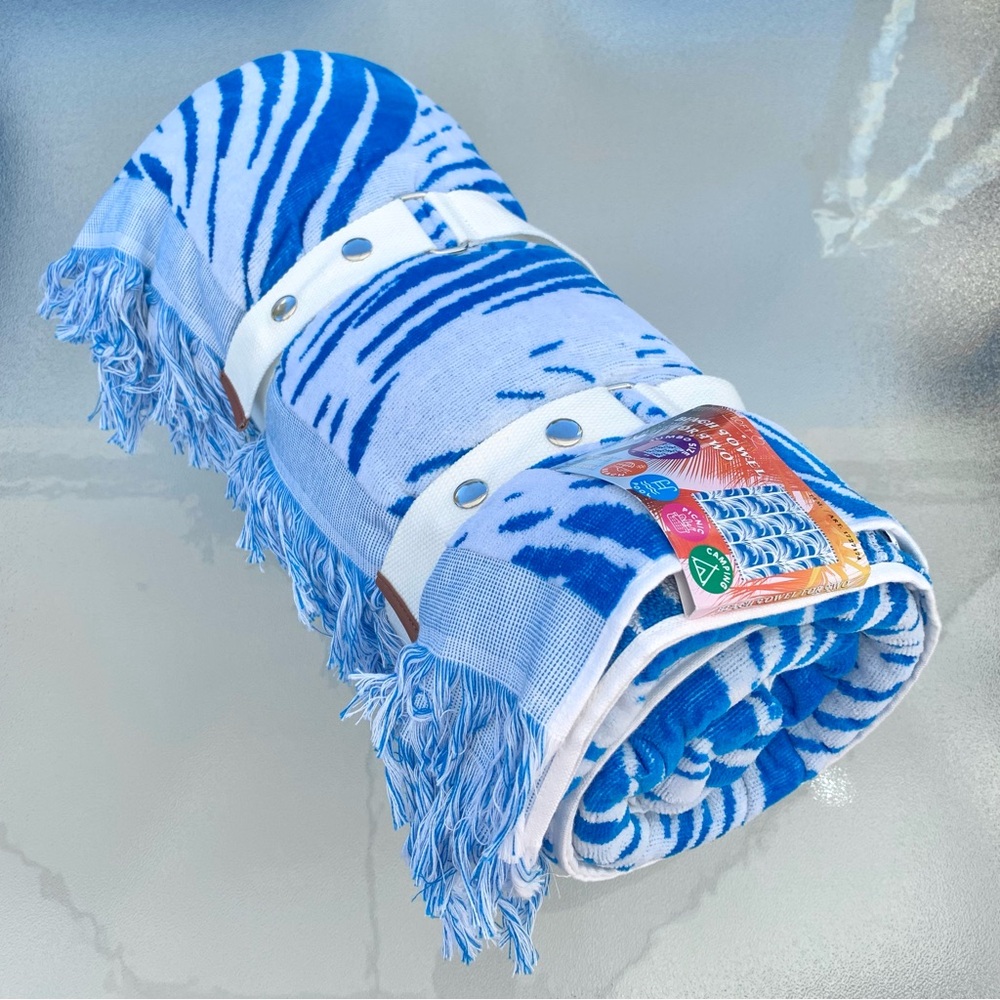 LOFT Jumbo-Sized Blue and White Zebra Tropical Palm Beach Towel for Two, 84”x72”